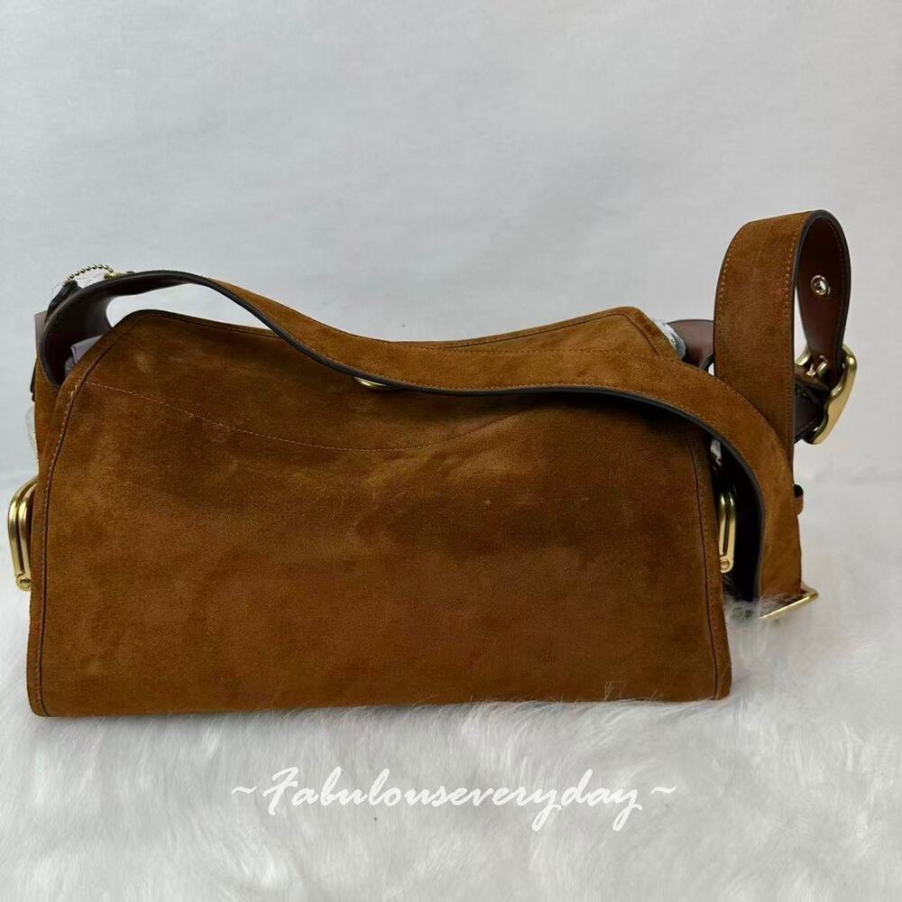 Coach Turnlock Haversack Bag Shoulder/Crossbody Suede Brass/Warm Brown CDZ13 NWT - Picture 4 of 13